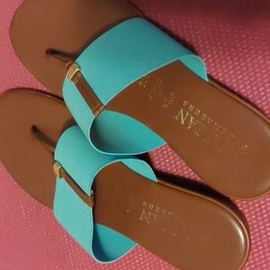 Italian Shoemakers Teal Leather Thong Sandals Slip-On Slide 9.5